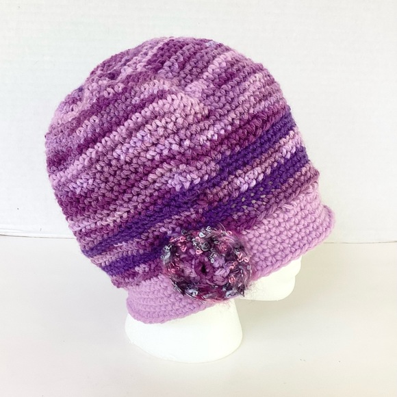 Hat Hand Crafted Purple BeanieStriped Varigated Floral Crochet - Picture 2 of 16